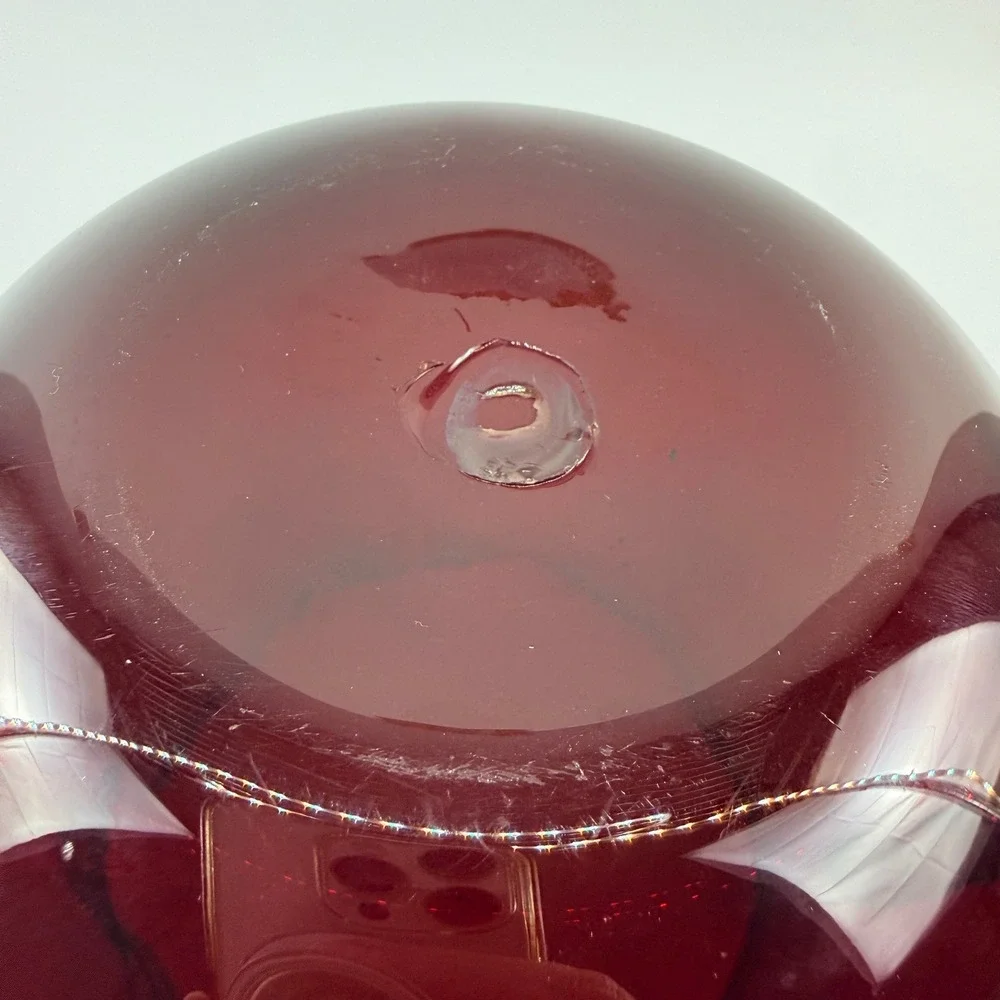 Vintage‎ Hand Blown Ruby Red Glass Pitcher Applied Amber Handle Mid Century